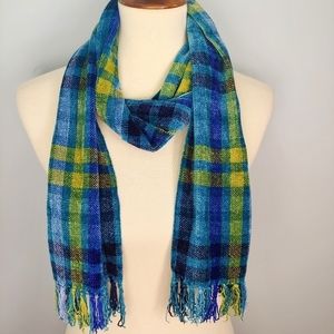 Fringed Teal Chenille Plaid Scarf